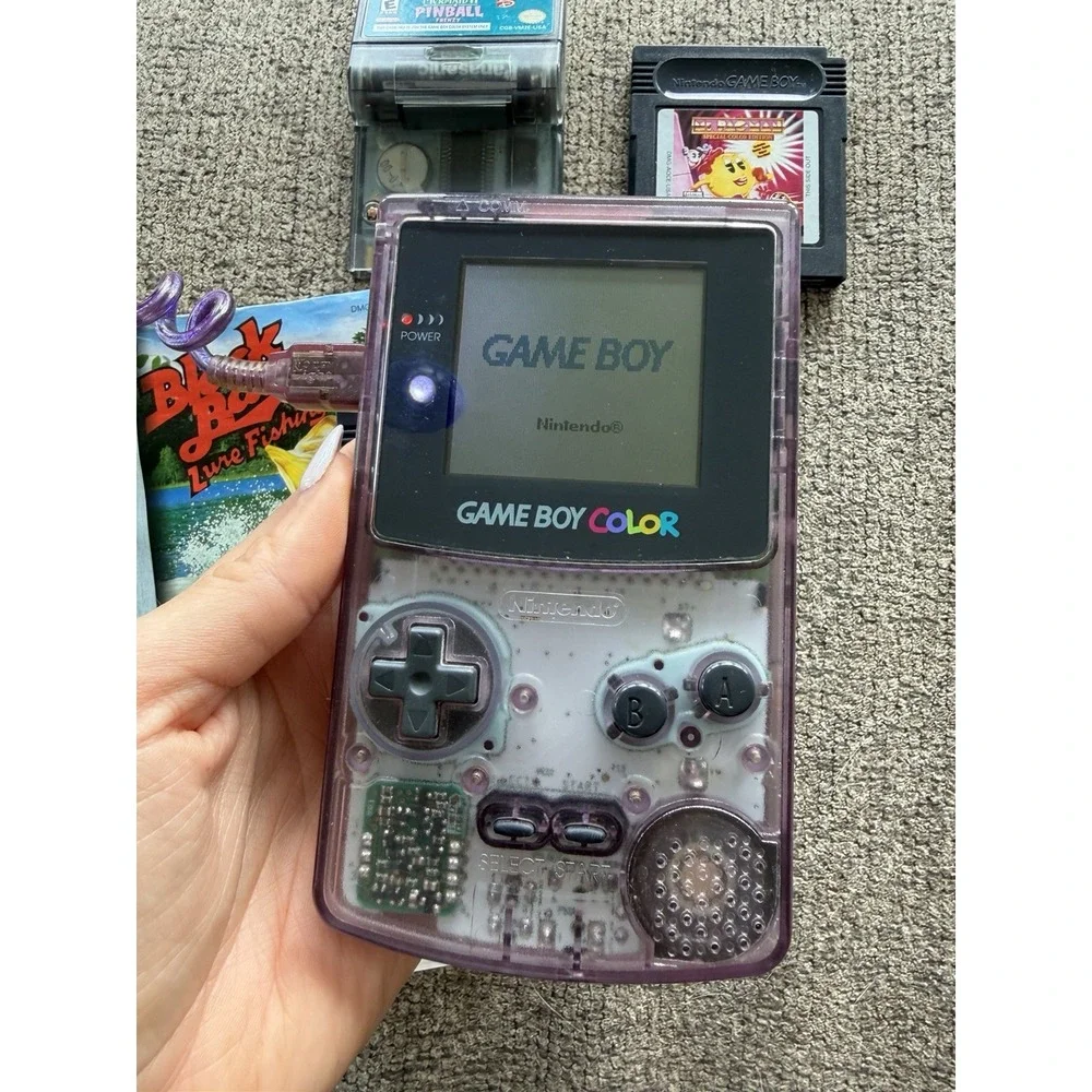 Nintendo Game Boy Color Atomic Purple Console Lot w/ Games & Worm Light- WORKING
